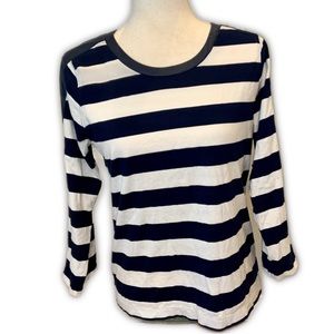 J. Crew navy blue and white striped 3/4 length sleeve tee shirt with back zipper